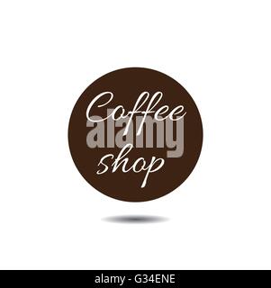 Coffee shop icon in a dark brown circle with shadow and text, over white background. Digital vector image. Stock Vector
