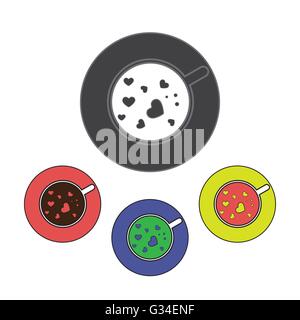 A set of coffee cups with bubbles and hearts, view from top, in outlines, over a white background. Silver, red, blue and yellow. Stock Vector