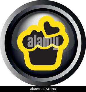 Card with a cream cake with heart on top, in round frame in 3d over a white background, in black and yellow outline style. Digit Stock Vector