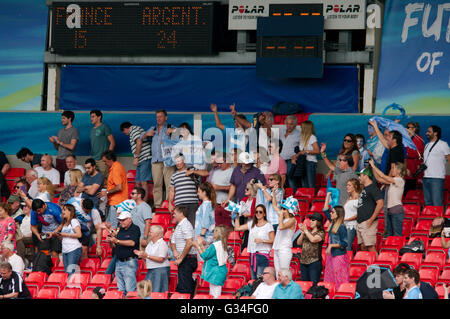 Salford, UK, 7 June 2016, Argentinian supporters celebrating after Argentina defeated France in a pool match of the World Rugby U20 Championship 2016 at the AJ Bell Stadium. Credit: Colin Edwards / Alamy Live News Stock Photo