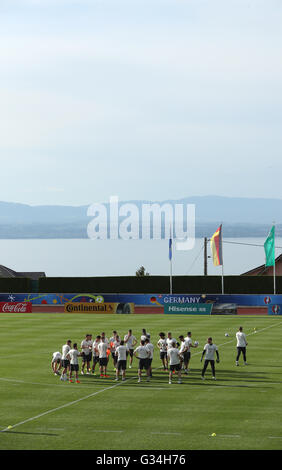 Germany's players warm up during a training session of the German national soccer team on the training pitch next to team hotel in Evian, France, 07 June 2016. The UEFA EURO 2016 takes place from 10 June to 10 July 2016 in France. Photo: Christian Charisius/dpa Stock Photo