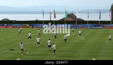 Germany's players warm up during a training session of the German national soccer team on the training pitch next to team hotel in Evian, France, 07 June 2016. The UEFA EURO 2016 takes place from 10 June to 10 July 2016 in France. Photo: Christian Charisius/dpa Stock Photo