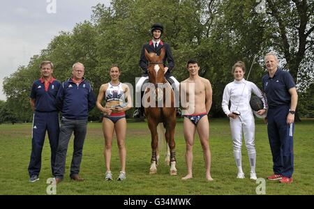 London, UK. 8th June, 2016. (l to r) Jan Bartu (National performance Director), Mark England (TeamGB Chef de Mission for Rio2016), Samantha Murray, Freeway (horse from the Household Cavalry Mounted Regiment), James Cooke riding Freeway, Joe Choong, Kate French and Domonic Mahony (Team Leader). TeamGB announce the modern pentathlon team for the Rio2016 Olympics. Hyde Park Barracks, London. UK. 08/06/2016. Credit:  Sport In Pictures/Alamy Live News Stock Photo