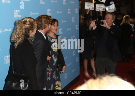 Sydney, Australia. 8 June 2016. Celebrities and VIPs arrived on the red carpet at the 63rd Sydney Film Festival Opening Night Gala World Premiere of Goldstone at the State Theatre, 49 Market Street, Sydney. Pictured: Simon Baker (The Mentalist) and wife Rebecca Rigg and Bryan Brown (Beautiful Kate). Credit:  Richard Milnes/Alamy Live News Stock Photo