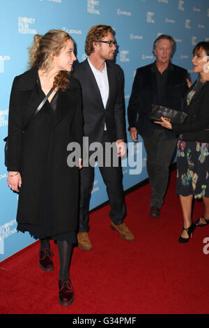 Sydney, Australia. 8 June 2016. Celebrities and VIPs arrived on the red carpet at the 63rd Sydney Film Festival Opening Night Gala World Premiere of Goldstone at the State Theatre, 49 Market Street, Sydney. Pictured: Simon Baker (The Mentalist) and wife Rebecca Rigg and Bryan Brown (Beautiful Kate). Credit:  Richard Milnes/Alamy Live News Stock Photo