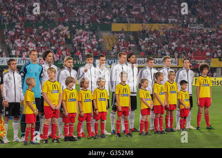 The German team during the national anthem before the WC qualifier soccer game on September 11, 2012 in Vienna, Austria, Europe Stock Photo