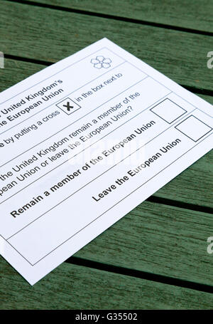 Ballot paper for British EU Referendum on 23 June 2016 with question