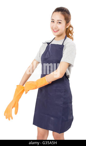 Asian Woman Wearing Rubber Gloves Isolated On White.