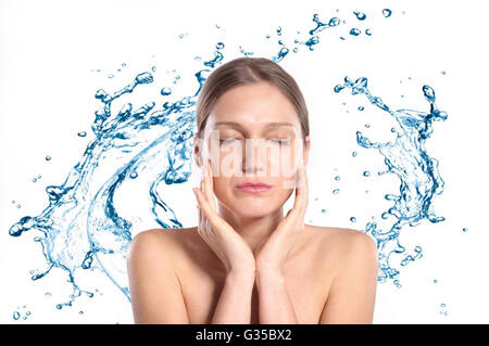 Beautiful Face of Young Woman with Clean Fresh Skin. Beauty Portrait. Beautiful Spa Woman Smiling. Perfect Fresh Skin. Stock Photo