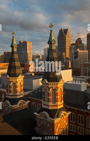 Detroit, Michigan - The steeples of Old St. Mary's Catholic Church in downtown Detroit. Stock Photo