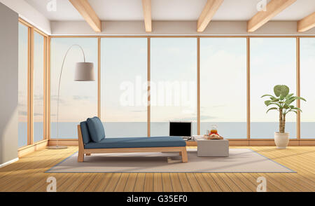 Living room of a contemporary holiday villa with sea views - 3d rendering Stock Photo