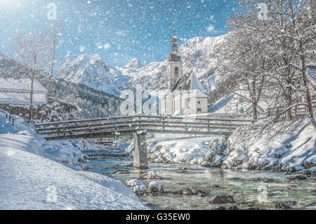 Church of Ramsau in winter, Berchtesgadener Land, Bavaria, Germany Stock Photo