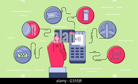 Contactless payment using credit card. NFC technology. Payment for goods and services. Infographic style outline illustration. Stock Vector