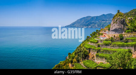 Scenic picture-postcard view of famous Amalfi Coast with beautiful Gulf of Salerno, Campania, Italy