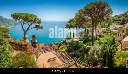 Scenic picture-postcard view of famous Amalfi Coast with Gulf of Salerno from Villa Rufolo gardens in Ravello, Campania, Italy Stock Photo