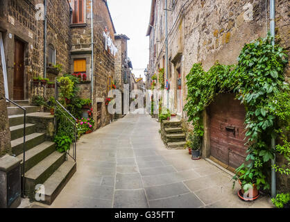 Beautiful view of old traditional houses and idyllic alleyway in the historic town of Vitorchiano, Viterbo, Lazio, Italy Stock Photo