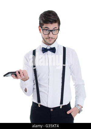 Surprised young man looking at mobile phone Stock Photo
