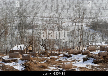 CHINA province Xinjiang, prefecture Kaxgar, Shufu County, uighur town Upal at Karakoram highway, old muslim cemetery during winter Stock Photo