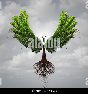 Control your life opportunity concept as a person taking charge and controlling a tree with wings flying towards a goal for success as a psychology symbol for positive thinking in a 3D illustration style. Stock Photo