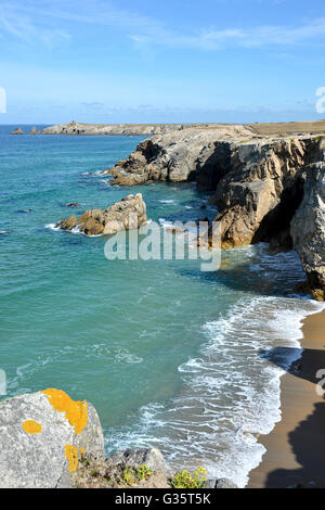 Rocky wild coast of Quiberon peninsula in the Morbihan department in Brittany in north-western France Stock Photo