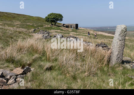 Walkers on the Pennine Way near Top Withins, West Yorkshire, on a sunny summer day Stock Photo