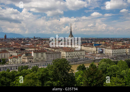 View from Santa Maria del Monte church of Turin including the Mole Antonelliana building, Piedmont region, Italy. Stock Photo