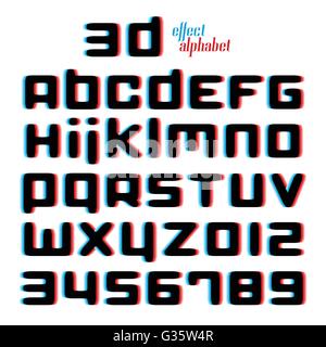 set of stylish, 3d illusion alphabet letters and numbers isolated on white background. 3d effect vector font type design. glitch Stock Vector