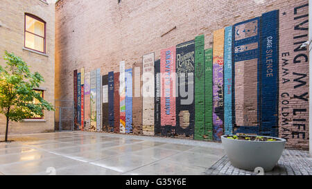 SALT LAKE CITY, UT/USA - MAY 15, 2016: Mural depicting a bookshelf (book wall), with classics by authors Kerouac, et. all. Stock Photo