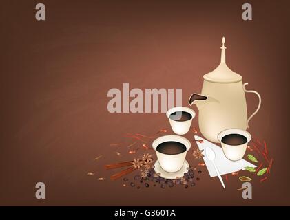Arabian Cuisine, Arabic Coffee or Coffee Brewed from Dark Roast Coffee Beans with Spice. One of The Most Favorite Arabic Beverag Stock Vector