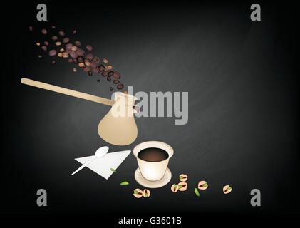 Turkish Cuisine, Turkish Coffee with Cezve or Turkish Coffee Pot on Chalkboard. One of The Popular Drink in Turkey. Stock Vector