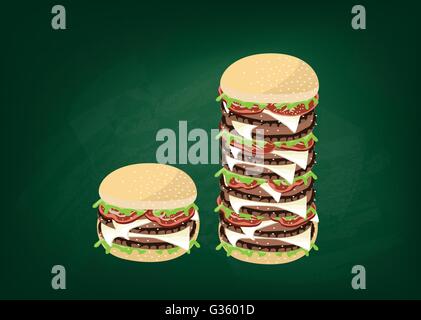 Cuisine and Food, Illustration of Delicious Gigantic Cheese Burgery on Dark Green Chalkboard. Stock Vector