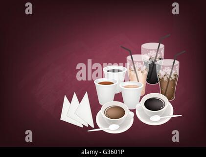 Cup of Black Coffee, Takeaway Coffee and Iced Coffee on A Chalkboard with Copy Space on Text Decoration. Stock Vector