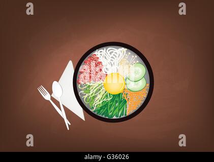 Korean Cuisine, Bibimbap or Korean Mixed Rice with Meat and Assorted Vegetables Topped with Egg Yolk and Chilli Paste on Black C Stock Vector