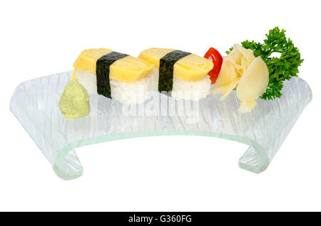 Tamago sushi. Tamago yaki is sushi using an egg, like a sushi omelette. Stock Photo