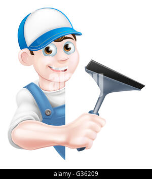 A cartoon window cleaner man in a cap hat and blue overalls holding a squeegee tool Stock Photo