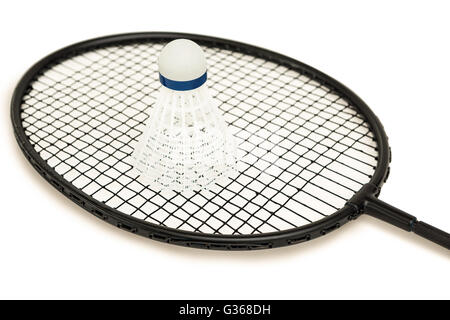 Badminton racket with feather shuttlecock on white background Stock Photo