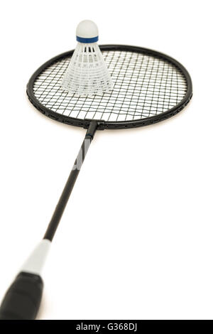 Badminton racket with feather shuttlecock on white background Stock Photo