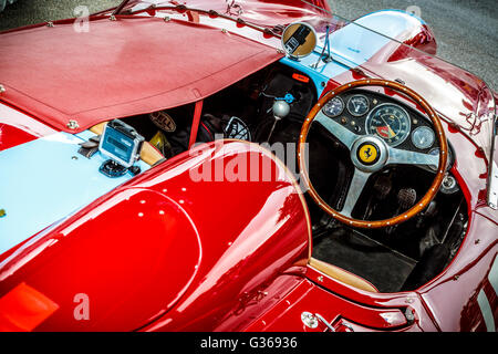 Cockpit of Jason Yates' 1957 Ferrari 500 TRC in the paddock at the 2015 Goodwood Revival, Sussex, UK. Stock Photo