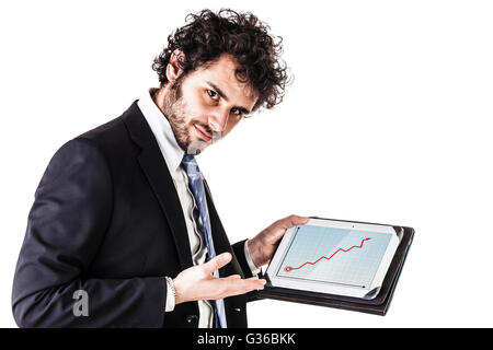 a young and handsome businessman holding a tablet isolated over a white background