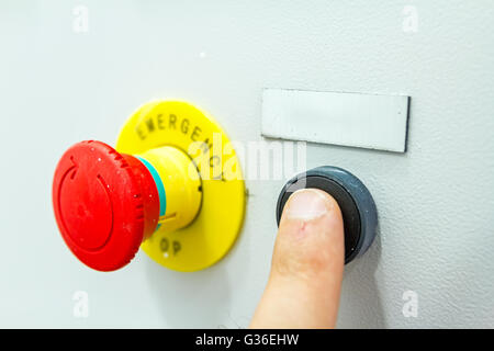 Reset fuse box with emergency red shutdown (panic) button. Stock Photo