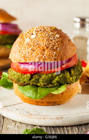Homemade Green Vegan Burgers with Lettuce and Tomato Stock Photo