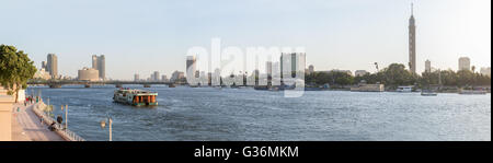 Cairo, Egypt - May 26, 2016: Panoramic view of central Cairo at dusk, the Nile river, the Island of Zamalek and the Cairo Tower. Stock Photo