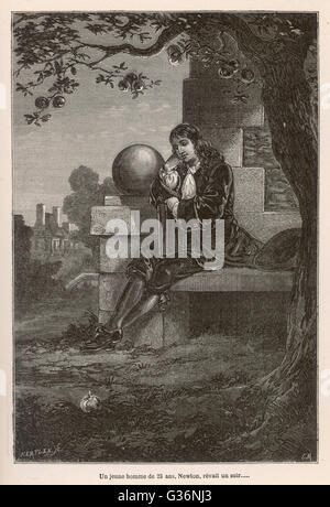 Sir Isaac Newton (1642-1727), English mathematician, physicist, astronomer, natural philosopher, alchemist, theologian and occultist.  Seen here sitting under a tree, from which an apple has just fallen.      Date: circa 1665 Stock Photo