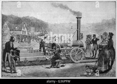 George Stephenson's locomotive, the Rocket, which won a prize given by the Liverpool and Manchester Railway Company.      Date: 1829 Stock Photo