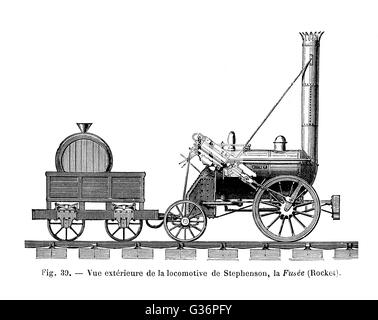 George Stephenson's locomotive, the Rocket, which won a prize given by the Liverpool and Manchester Railway Company.      Date: 1829 Stock Photo