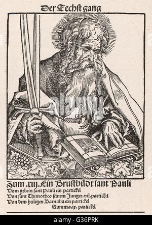 Saint Paul the Apostle, Paul of Tarsus, early Christian leader who went on several journeys to preach the gospel to the Gentiles, as documented in several books of the New Testament. Before his conversion his name was Saul.  Seen here reading a book, with Stock Photo