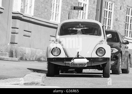 Helsinki, Finland - May 7, 2016: Old  Volkswagen beetle, front view, black and white Stock Photo