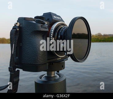 A Neutral Density ND1000 filter which cuts light down by 512X fitted to a camera to take a shot with flowing water