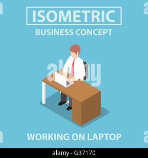 Isometric businessman working on laptop at his desk, VECTOR, EPS10 Stock Vector