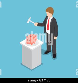 Isometric businessman with hammer in his hand ready to smash the piggy bank, financial concept, VECTOR, EPS10 Stock Vector